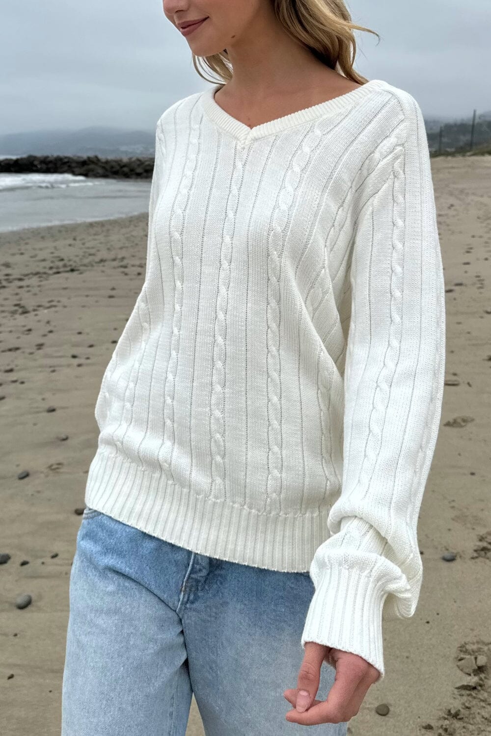 Ida Cotton Cable Knit V-Neck Sweater - Image 3