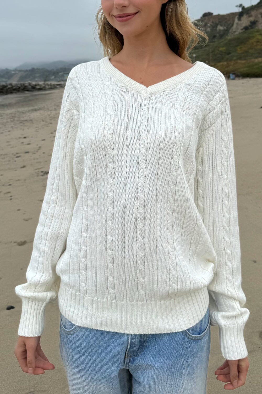 Ida Cotton Cable Knit V-Neck Sweater - Image 4
